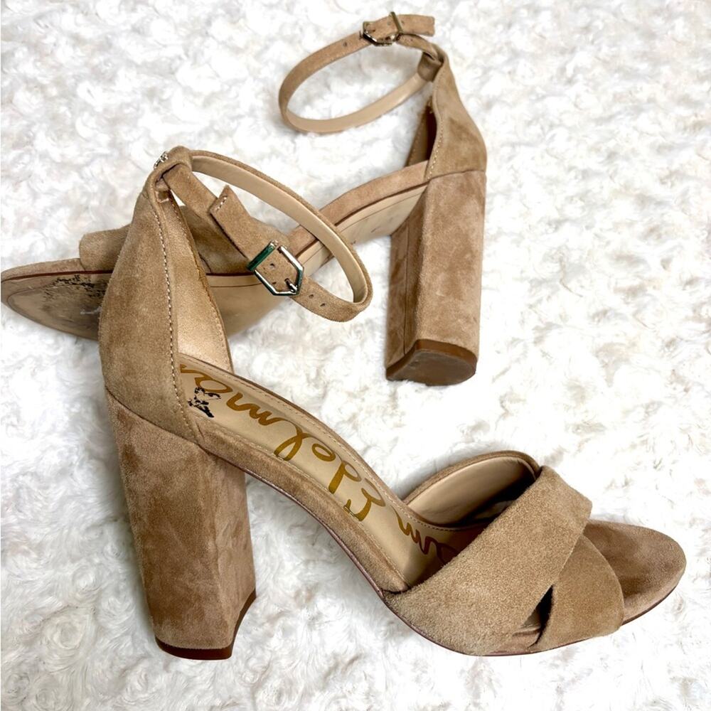 Sam Edelman Yancy Nude Tan Suede Ankle Strap Block Heels 9